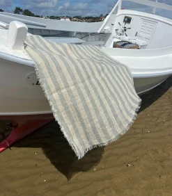 Maison de Vacances Plaid vice versa Frangé Gaze de Lin Lavé Bayadère 150 x 300 cm* Plaids & Couvertures